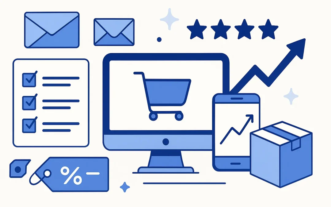 Ilustración de e-commerce: carrito en pantalla, móvil con gráfica ascendente, checklist, emails, etiqueta de descuento y caja; idea de detalles que mejoran la conversión en una tienda online.